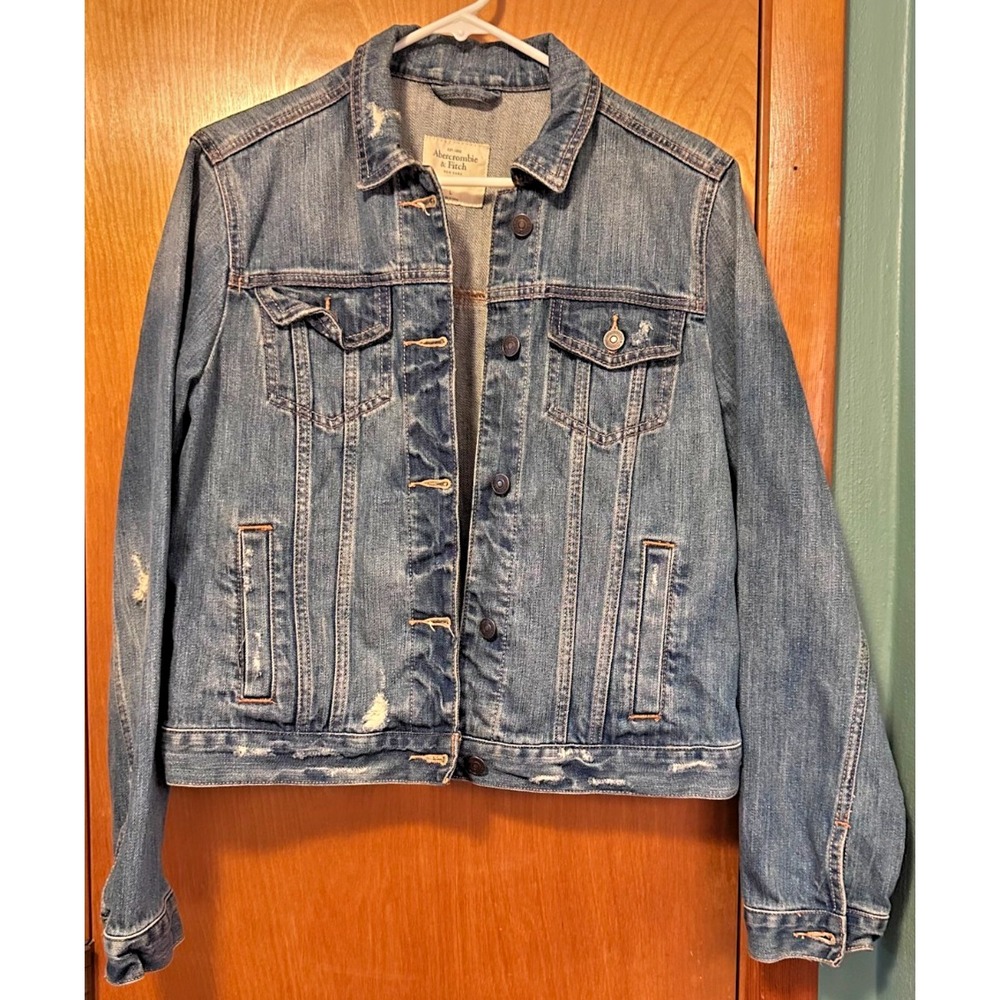 Abercrombie & Fitch Womens Denim Distressed Trucker Jean Jacket Large